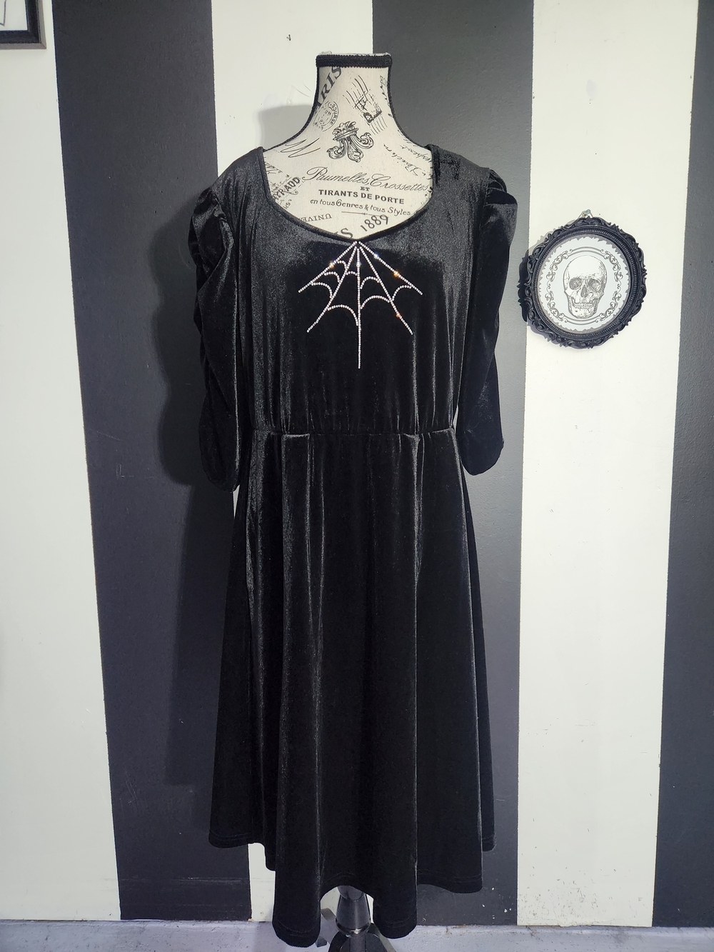 Spiderweb Black Velvet Dress with Decorative Trim